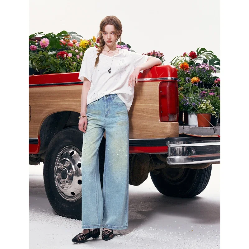 ELFSACK Light Blue Washed Rhinestone Wide Leg Jeans, Y2K Streetwear Trousers for Women, High Waist Loose Flared Denim Pants