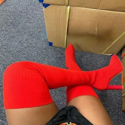 Stretch Knitting Shaft Skintight Women Over Knee High Boots Block Heels Thigh High Long Booties Sexy Pointy Toe Shoes