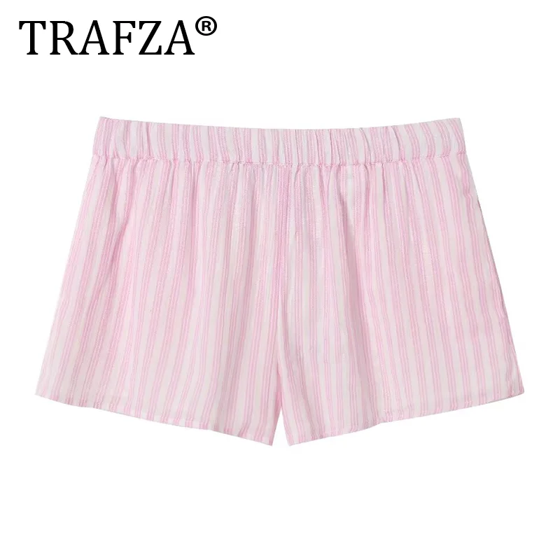 TRAFZA Summer Fashion Woman Suits Stripe Turn Down Collar Long Sleeves Single-Breasted Shirts+Elastic Waist Pocket Shorts TRAF