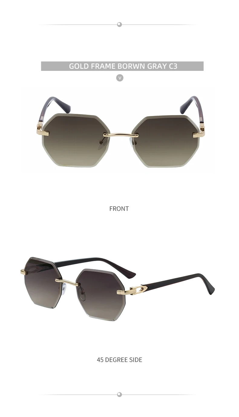 Modische randlose quadratische Sonnenbrille für Damen 2026 – Luxusmarke, sechseckiger Metallrahmen, trendige Outdoor-Sonnenbrille für Frauen – Detail 18