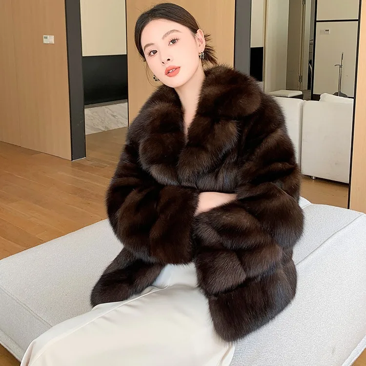 

Women Faux Fur Coat 2023 New Thick Warm Outerwear Imitation Sable Plush Vintage Style Elegant Winter Fashion Jacket