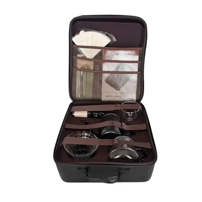 

Travel coffee accessory kit includes PU bags, manual grinders, filter cups and other coffee accessories for the outdoors.