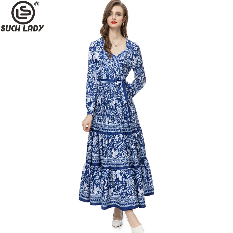 

Women's Runway Dresses Sweetheart Neckline Long Sleeves Vintage Printed Tiered Elegant Designer Maxi Vestidos