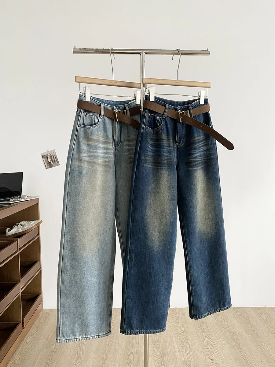 

High Waist Fleece Lined Wide Leg Denim Jeans Women's Retro Washed Color American Style Versatile Casual Comfortable Pants