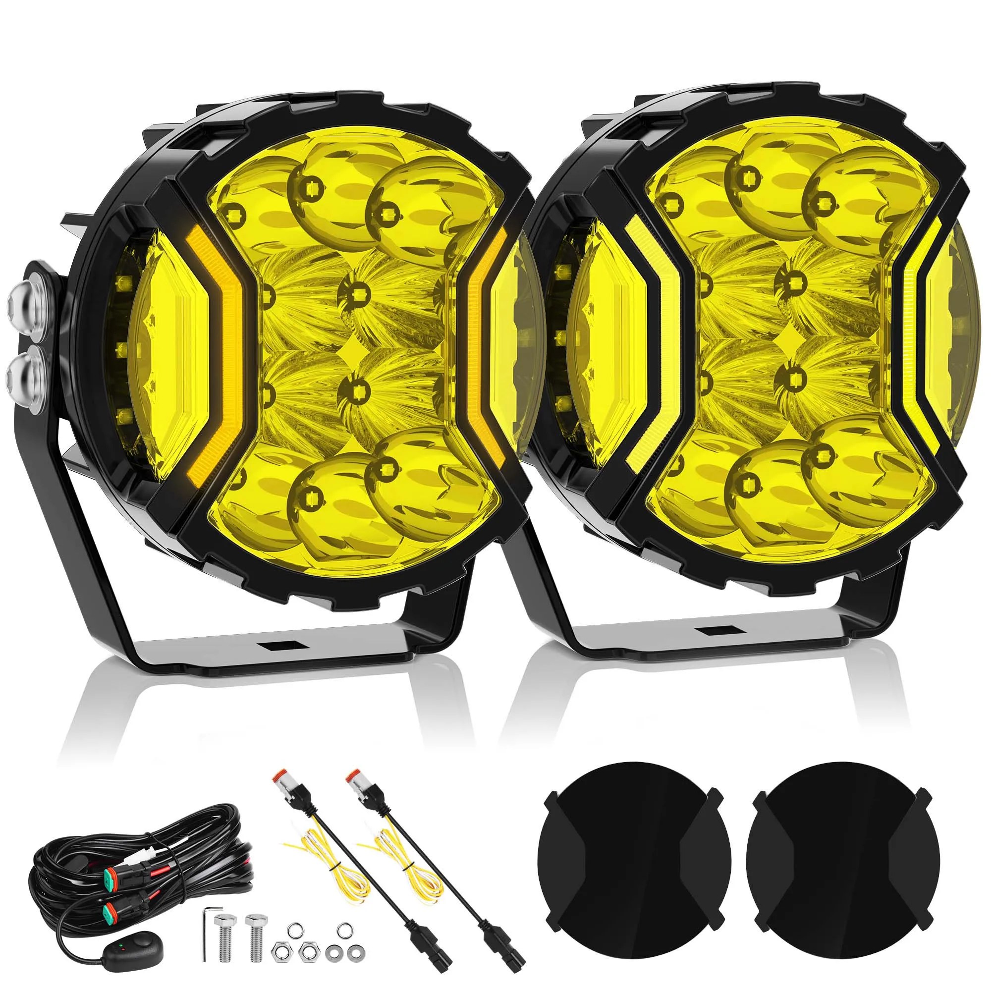 

MICTUNING Driving Side Shooter LED Round Light with Yellow DRL & Amber Turn Signal Lights Fog Spot Flood Auxiliary Ditch Lamps