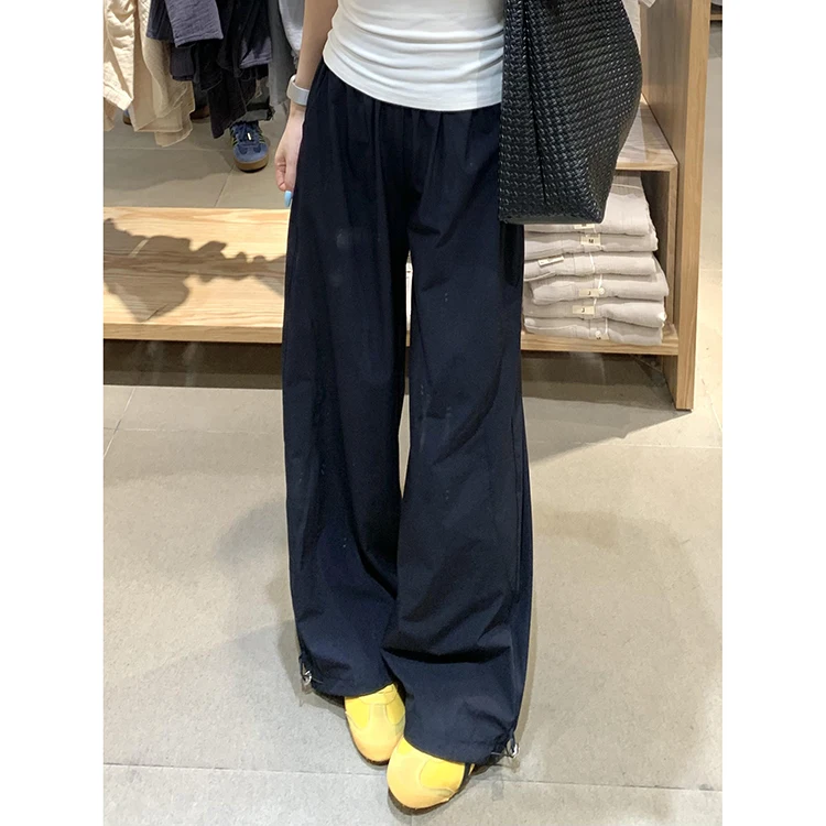 กางเกงขายาวเอวสูงแบบต่อผ้าสำหรับผู้หญิง ทรงหลวมใส่สบายสำหรับฤดูร้อน กางเกงวอร์มทรงตรง เอวยางยืด