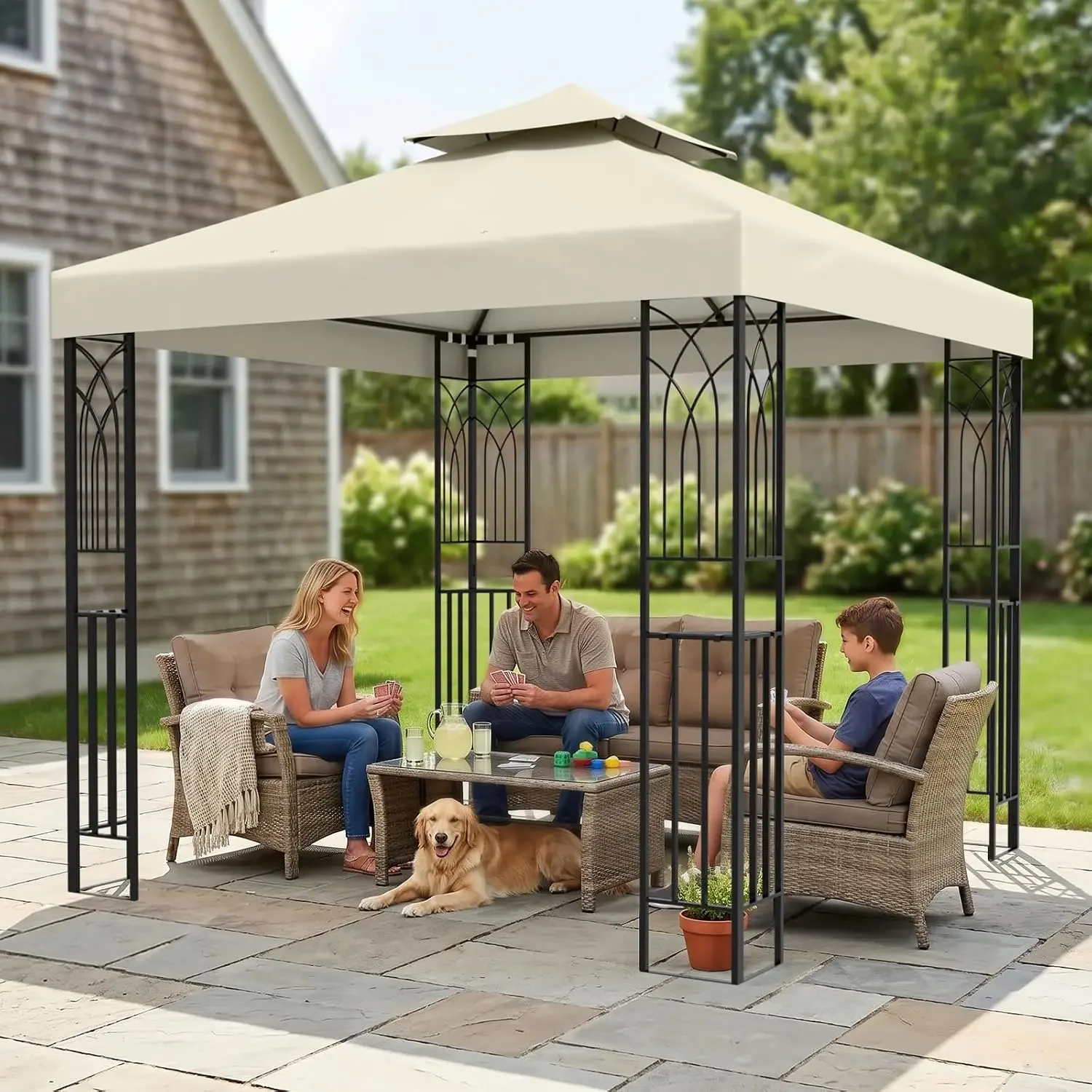 8x8 Patio Gazebo with Corner Shelves, Two Tier Soft Top Canopy with UV Protection for Backyard, Garden, Lawn, Outdoor Events