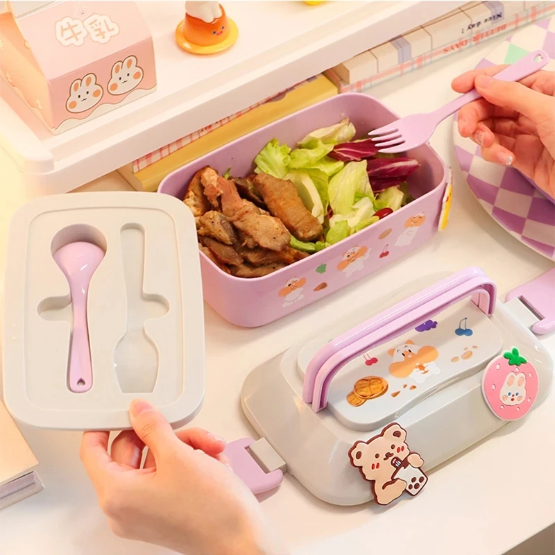 Cute Lunch Box Portable Double-layer Microwave Food Plastic Picnic Bento Box For Girls School Kids Compartment Insulation Box