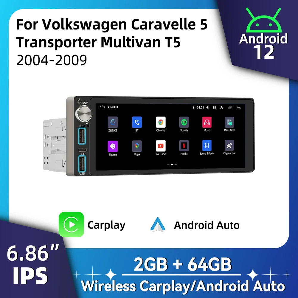 Carplay Autoradio Android Car Multimedia for VW Volkswagen Caravelle 5 Transporter Multivan T5 2004-2009 6.86