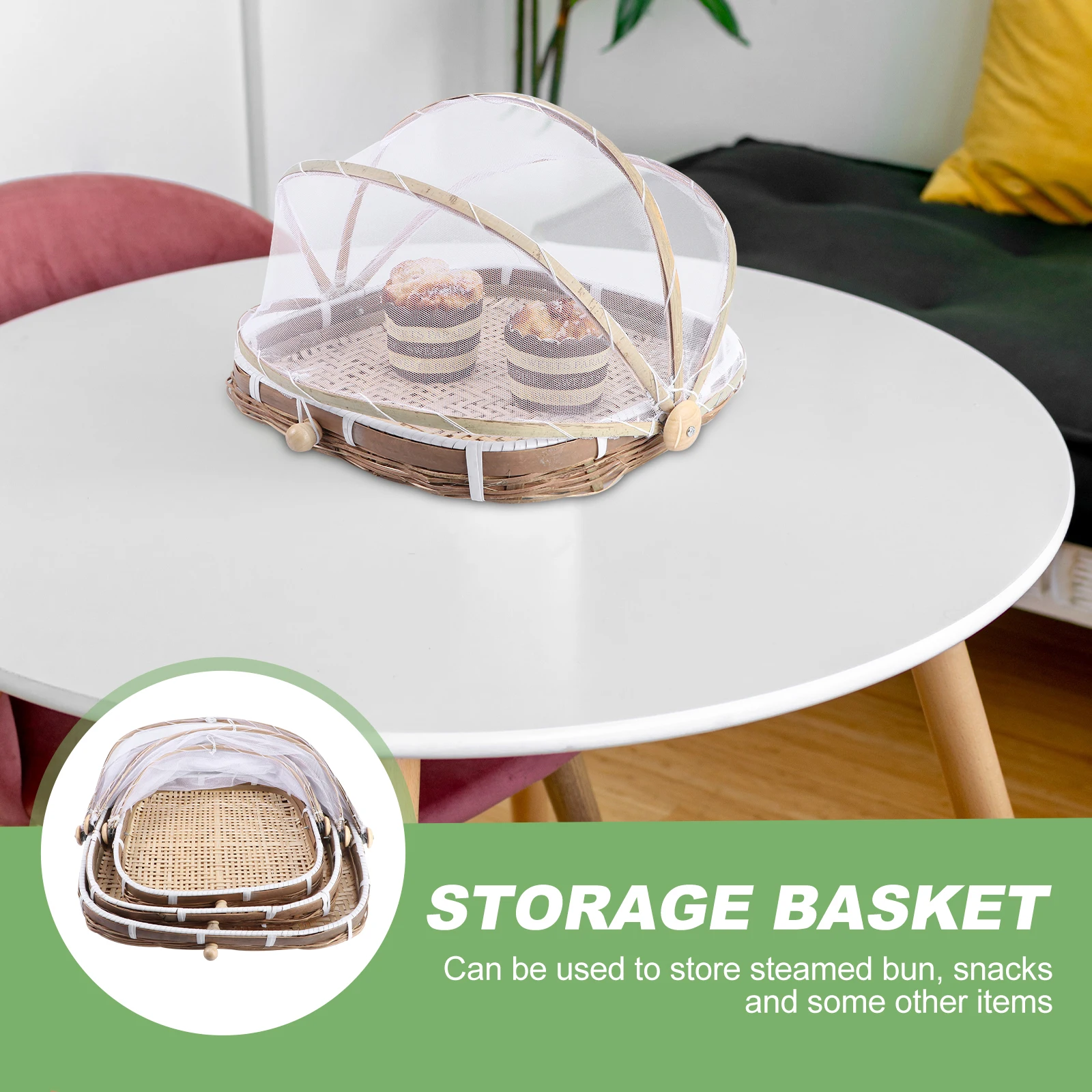 

3PCS Bamboo Woven Storage Baskets Mesh Cover Large Capacity Home Kitchen Use Fine Craftsmanship Practical Basket Sieve