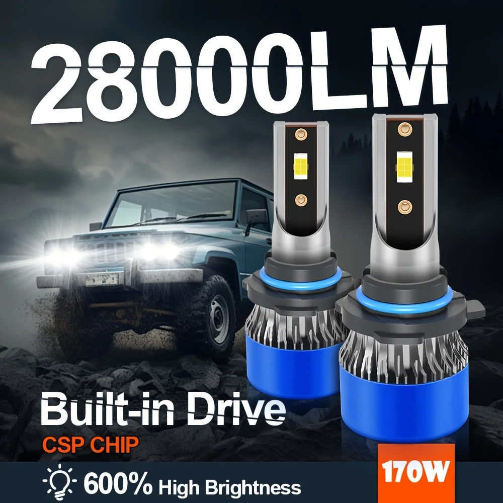 

roadsun 2pcs 9005/HB3 9006/HB4 9007 H1 H4 H7 H11 H13 Hi/Lo Beam LED 28000LM CSP Chips 6000K White 500% Brightness Plug&Play