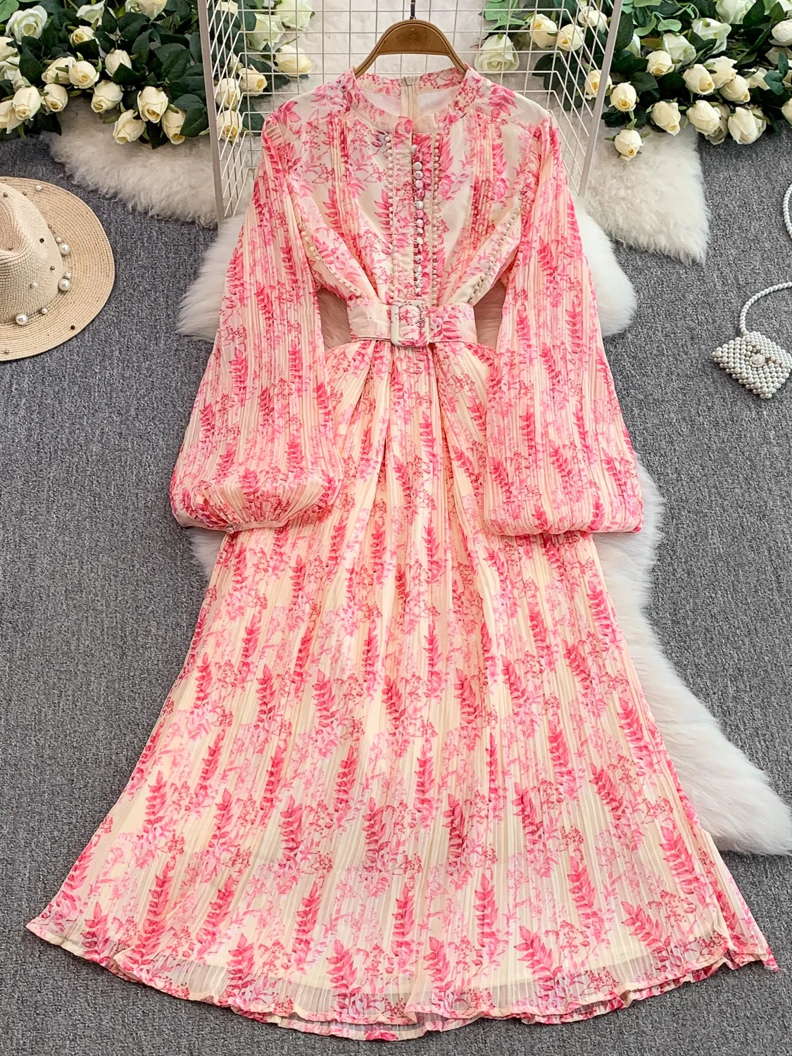 

Ele Floral Print round Ne Lantern Sve Dr Women's Autumn Belted Slimming Pleated Long Skirt Faionable Chiffon Dr