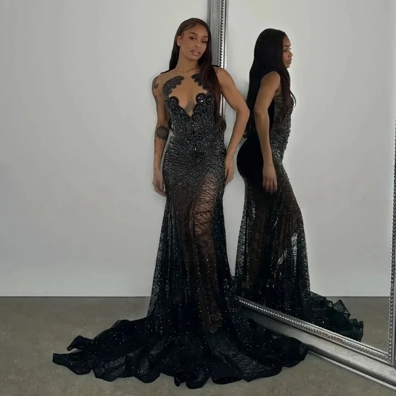 Luxo ouro sereia vestido de noite 2025 sexy profundo v lantejoulas formal vestido de festa elegante casamento convidado vestido de baile personalizado