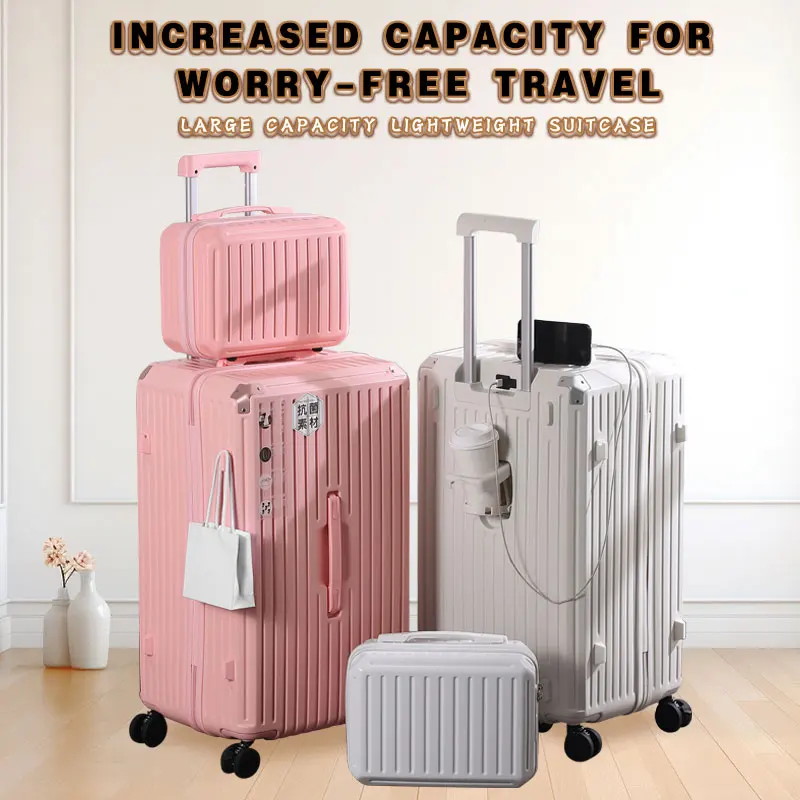 Suitcase Set Portable Large-Capacity Trolley Case ABS+PC Multi-Functional Vertical Hook With Cup Holder Luggage On Wheels