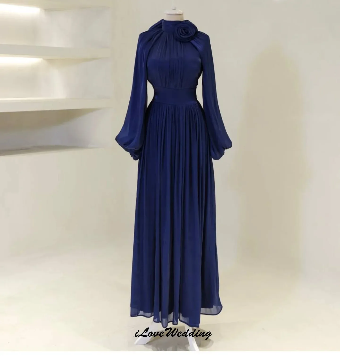 Elagnt Women Long Evening Dresses High Neck Long Sleeve Prom Dresses Wedding Party Dress For Woman Ruched Formal Gala Customized