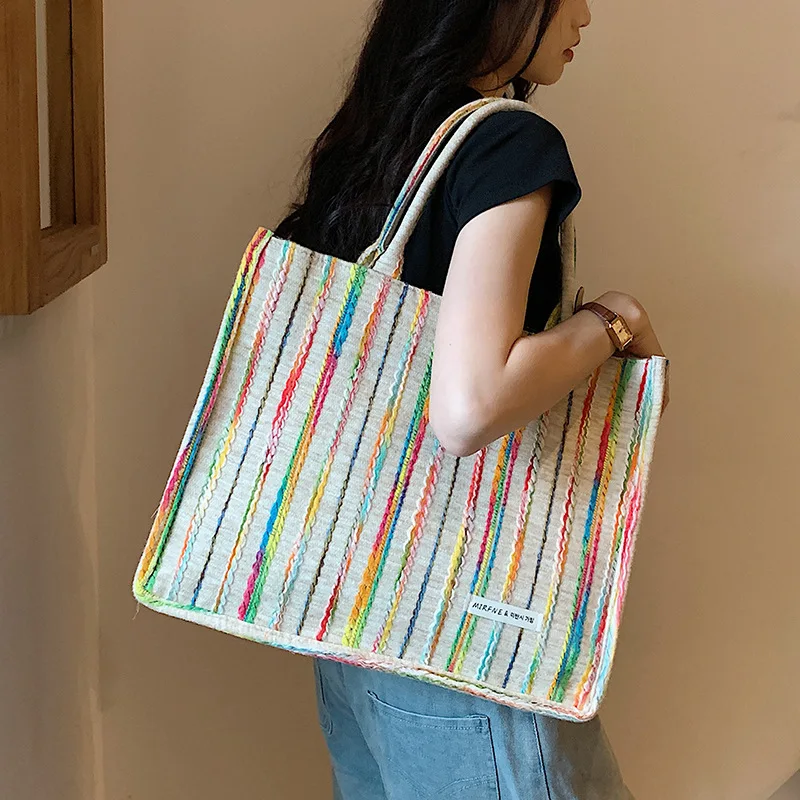 Tote Shoulder Bag Large Capacity Canvas Women's Bag Stripe All-Match Handbag Classic Popular Design Ideal for Casual Shopping