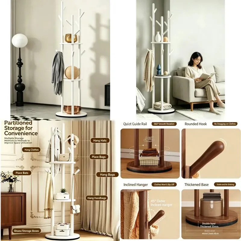 Cream Solid Wood Rotating Coat Rack Floor Standing Corner Storage Rack for Bedroom Living Room Bag Hanger Organizer