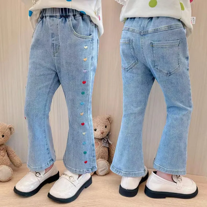 Pantalones vaqueros Acampanados para niñas pequeñas y medianas, prendas de vestir exteriores, primavera y otoño, novedad de 2023