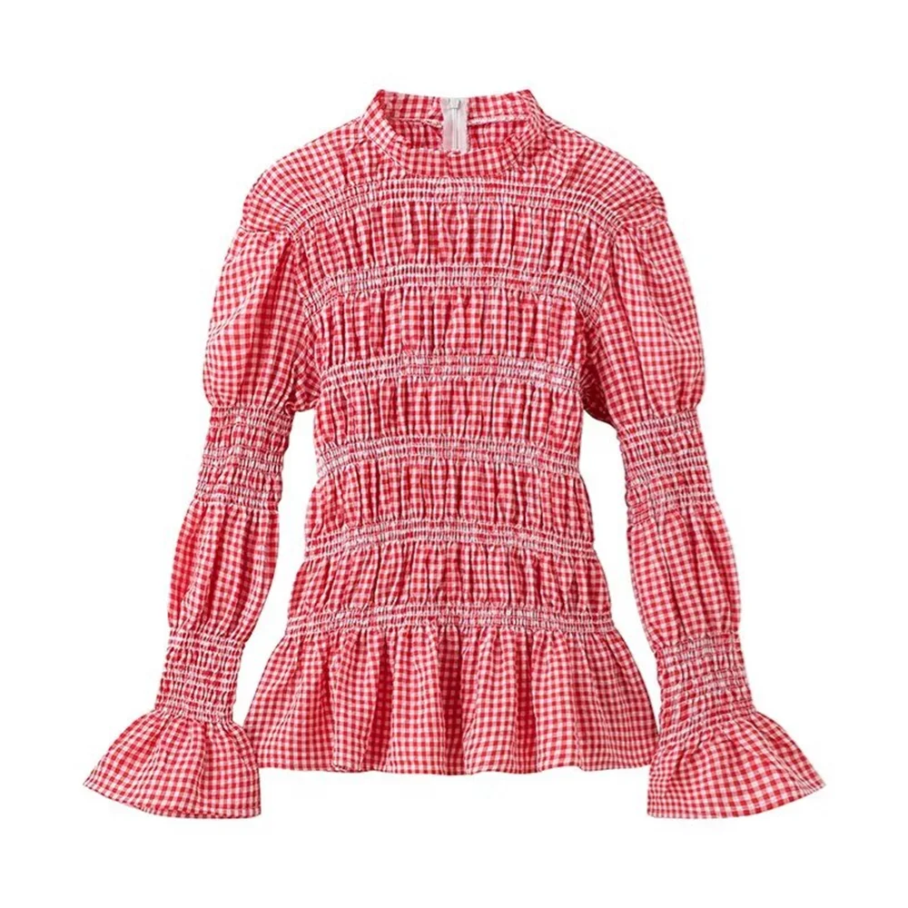 PB&ZA 2024 Spring New Women\'s Style Casual Slim Fit Versatile Ruffle Edge Pleated Design Checkered Top