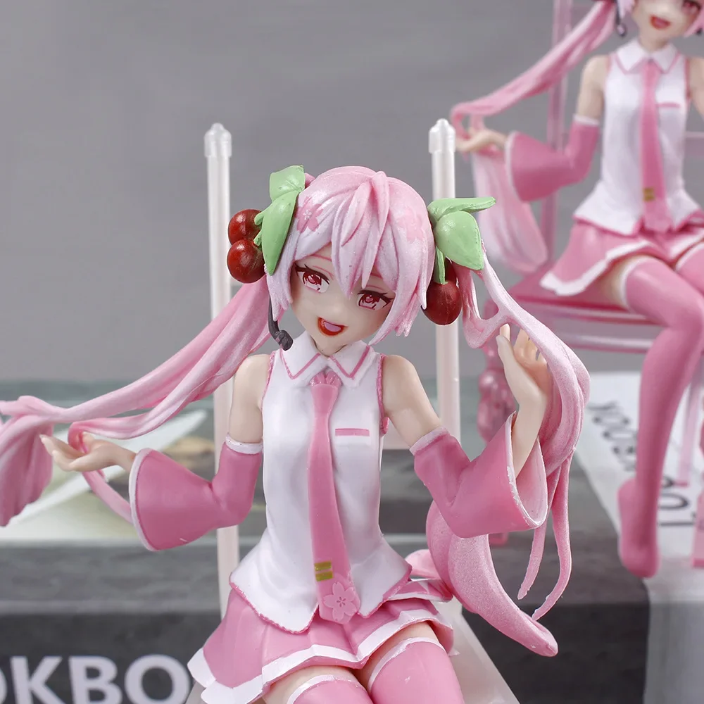 16CM Anime Hatsune Miku Sexy Beautiful Girl Pink Sakura Chair Sitting Position Action Figure PVC Model Toys Ornaments Gifts