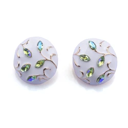 2026 New Fashion White Enamel Drip Oil Round Metal Earrings Women AB Green Crystal Rhinestones Leaf Pattern Earrings Jewelry