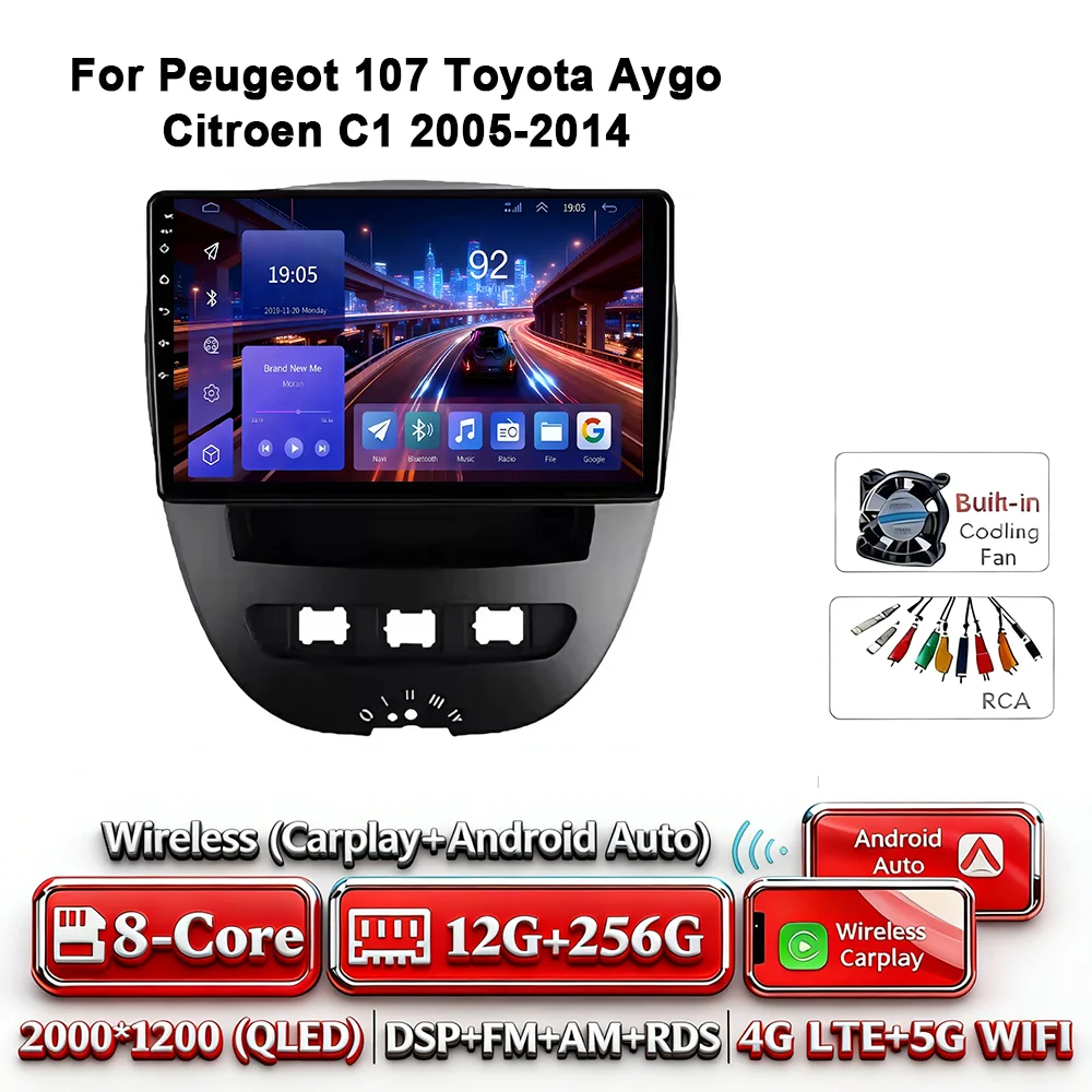 Android 17 Carplay Auto 4G WIFI autoradio voor Peugeot 107 Toyota Aygo Citroen C1 2005-2014 GPS BT DSP touchscreen multimedia
