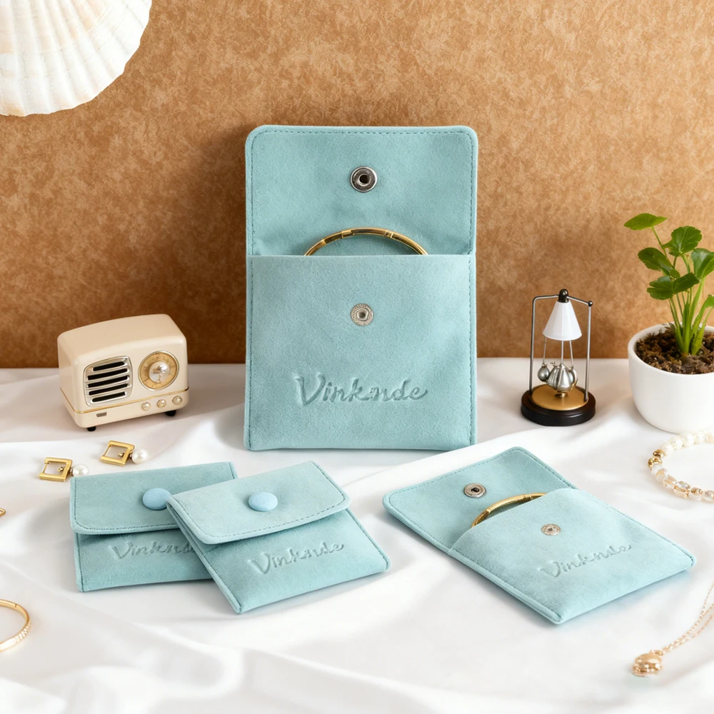 

Custom Logo Velvet Jewelry Gift Bag Wedding Favors Bulk Candy Organizer Snap Button Pouch Earrings Necklace Packaging Storage