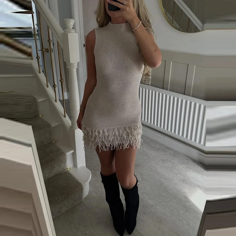 

Casual Solid Bodycon Wrap Hips Dresses Vintage O-neck Knitted Sleeveless Beach Dress Summer New Hollow Out Tassel Hem Mini Dress