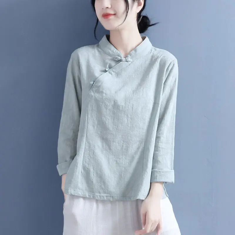 

Cotton Linen Stand-up Collar Slanted Placket Long-sleeved Top for Women Chinese Style Loose Literary Retro Shirt Clothes Woman