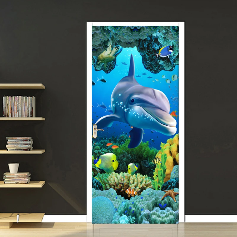 

PVC Self-Adhesive Door Sticker Undersea Dolphin Mural Wallpaper Living Room Children Bedroom Wall Sticker Home Decor 3D Posters