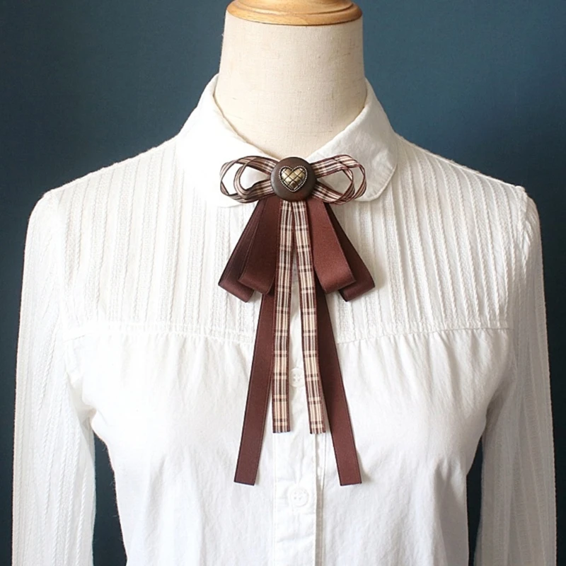 Broche pajarita cinta a cuadros marrón Vintage para mujer, Pin, uniforme estudiante, camisa, cuello Jabot, corbata