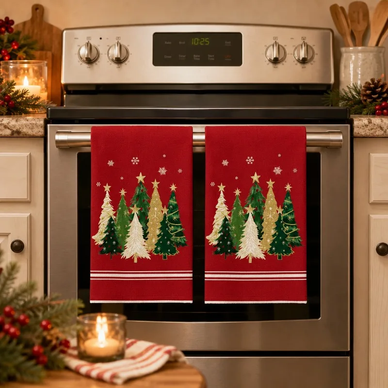 2 red bottom gold Christmas tree kitchen towels scouring cloth dishtowels