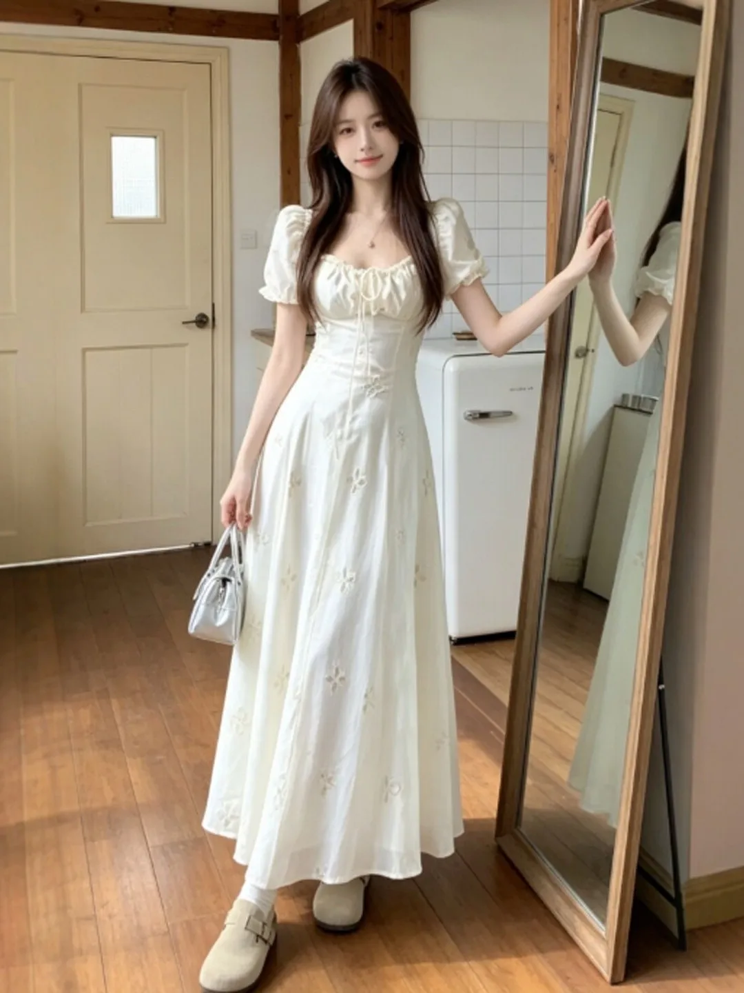 

Summer Fairy Tale Soft Style Bubble Sleeve Waist Cinching Slimming Dress Cotton High Waist French Style Pure Color Business C...