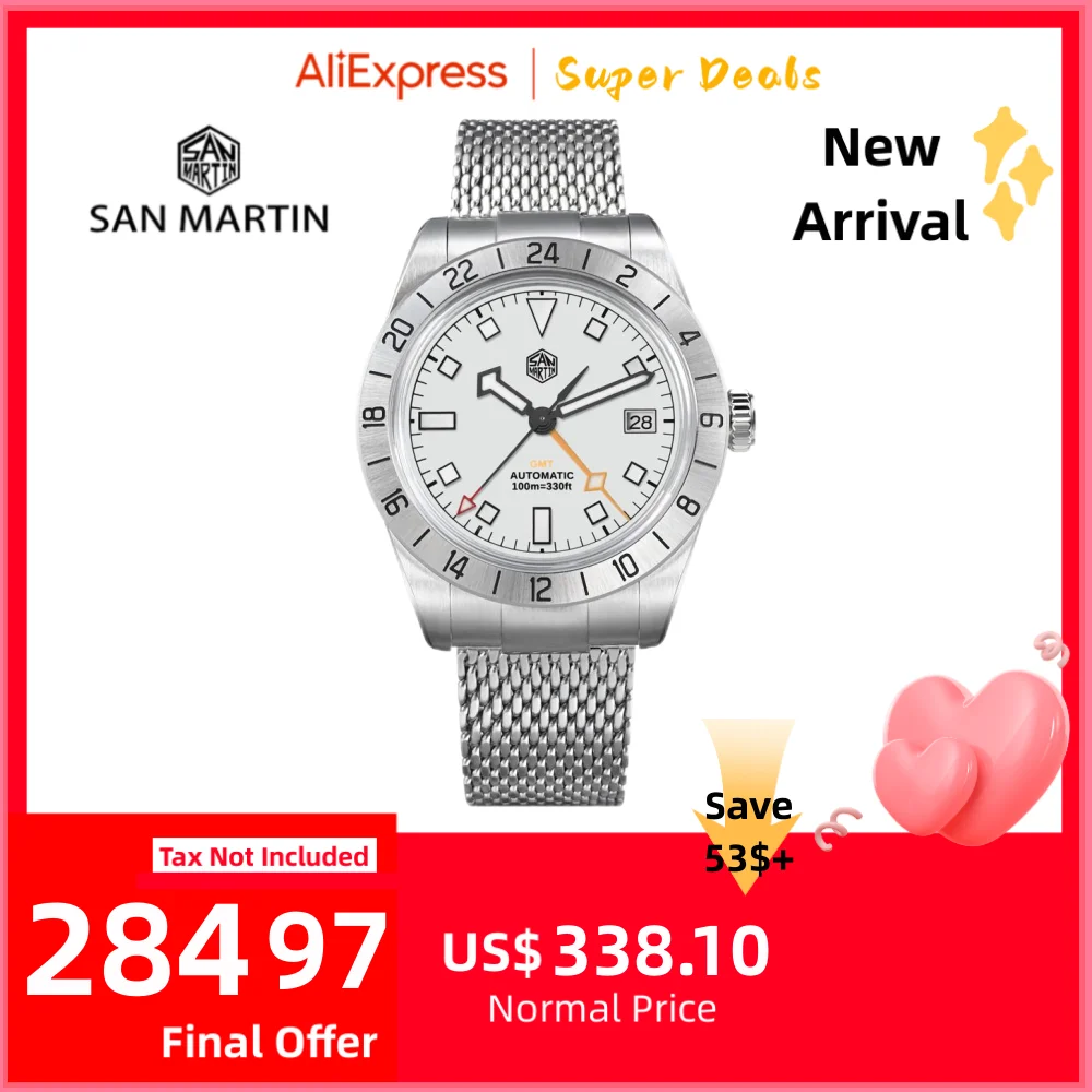 San Martin NH34 GMT Automatic Watch 39mm Luxury Wrist Clock Mesh Bracelet Quick Adjust Clasp 100m Waterproof Sapphire SN0135