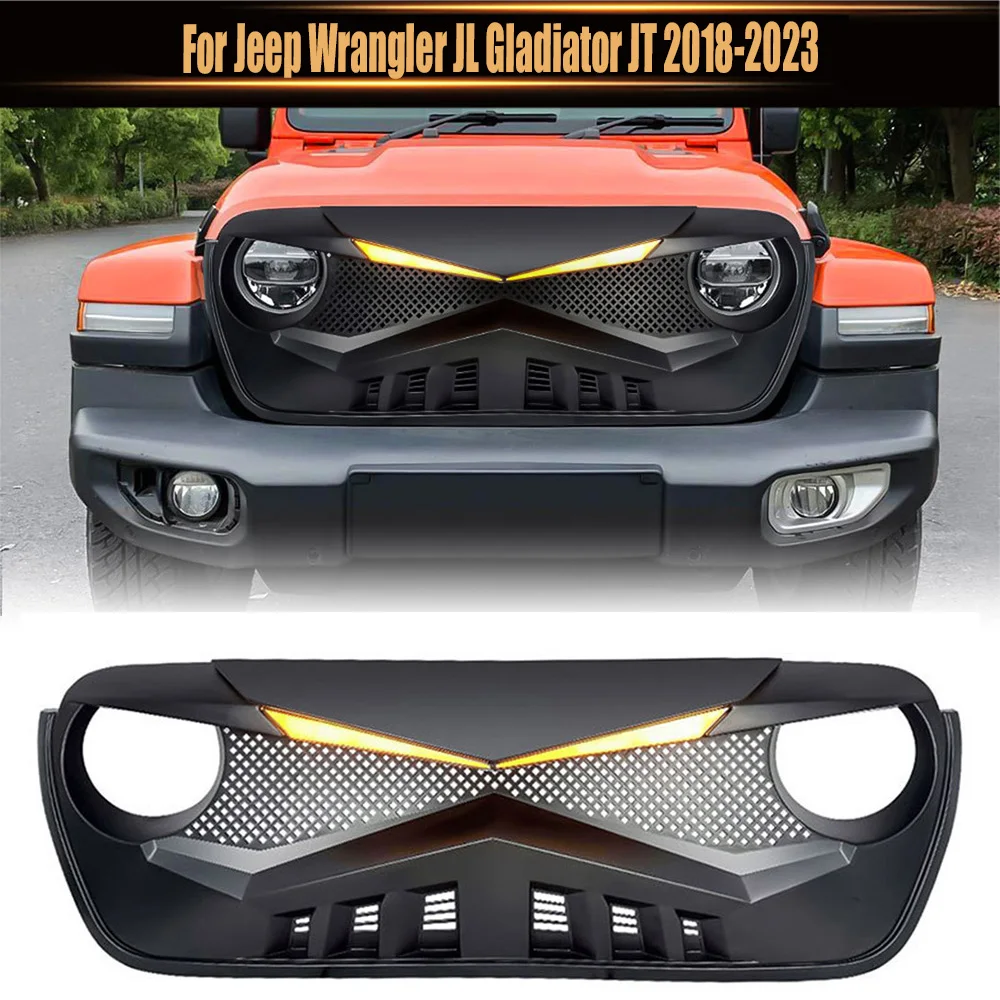 For Jeep Wrangler JL Gladiator JT 2018-2023 Knight Lamp Eyebrow Style Front Bumper Grille Cover Racing Grill Inlet Guard Grid