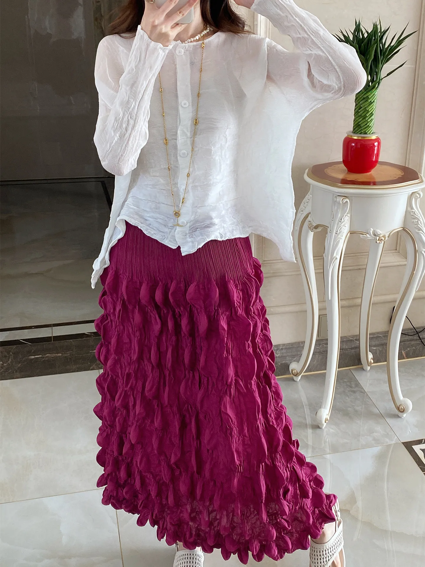 

Pleated Women Casual Shirt Spring Autumn Thin Style Solid Color Breathable Fabric Single Breasted Loose Elastic Elegant Top