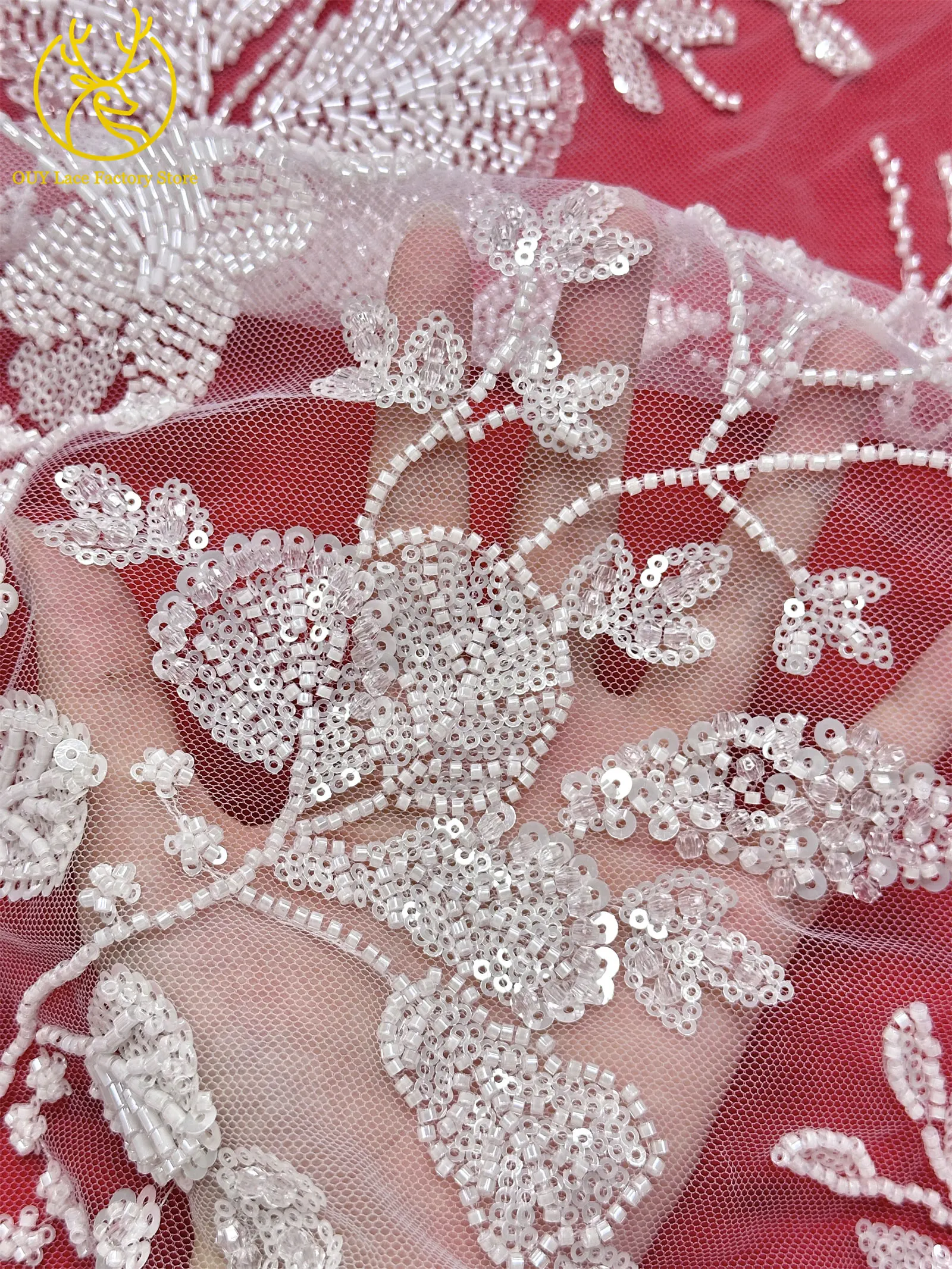 Exquisiter handgefertigter afrikanischer Spitzenstoff mit Perlen und Pailletten, 2026, modischer nigerianischer Tüll mit Blumenstickerei zum Nähen von Abendkleidern – Detail 11