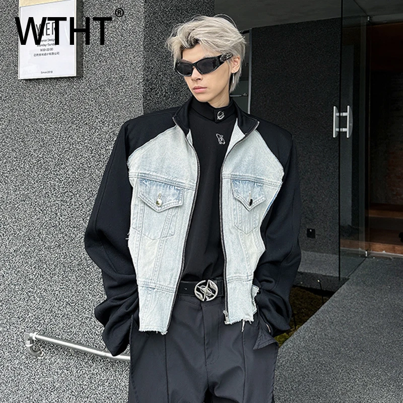 

Модные мужские джинсовые куртки WTHT с контрастными вставками и подплечниками, весна 2026, на молнии, с отложным воротником, повседневные, мужские, 2A2773