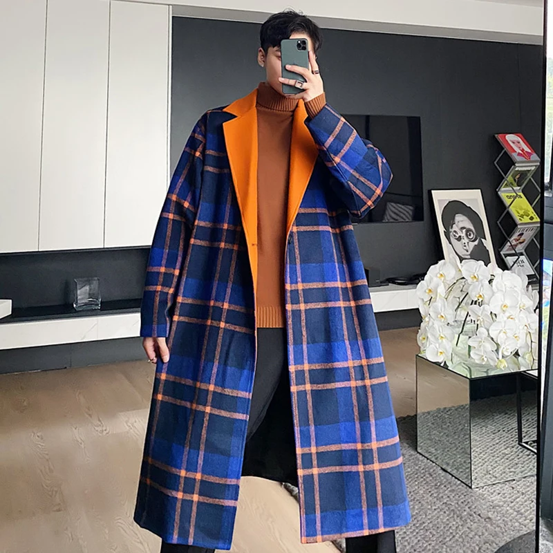 LUZHEN Elegant Stylish Plaid Color Contrast Design Loose Long Trench Coat Men's Casual Winter Woolen Outerwear Windproof LZ7559