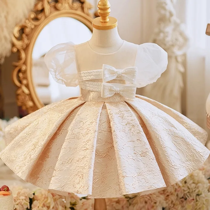 Baby Girl Dress Champagne Lace Beading Bow Baptism Dress for Girls 1st Year Birthday Party Wedding Christening Baptism Clothing