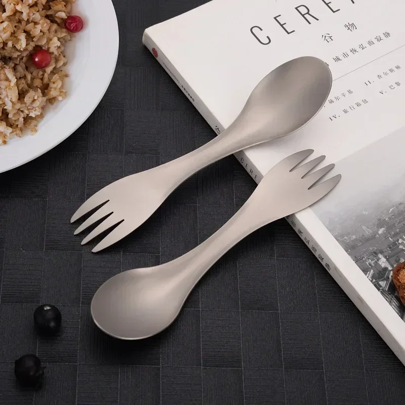 1 Pc Outdoor Cooking Pure Titanium Two-in-one Fork and Spoon Functional Outdoor Camping Home Tableware Camping Equipment