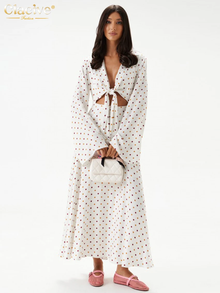 

Clacive Fashion Loose Print Women's Dress 2025 Sexy Lapel Long Sleeve Ankle Length Dresses Elegant Classic Lace-Up Female Dress