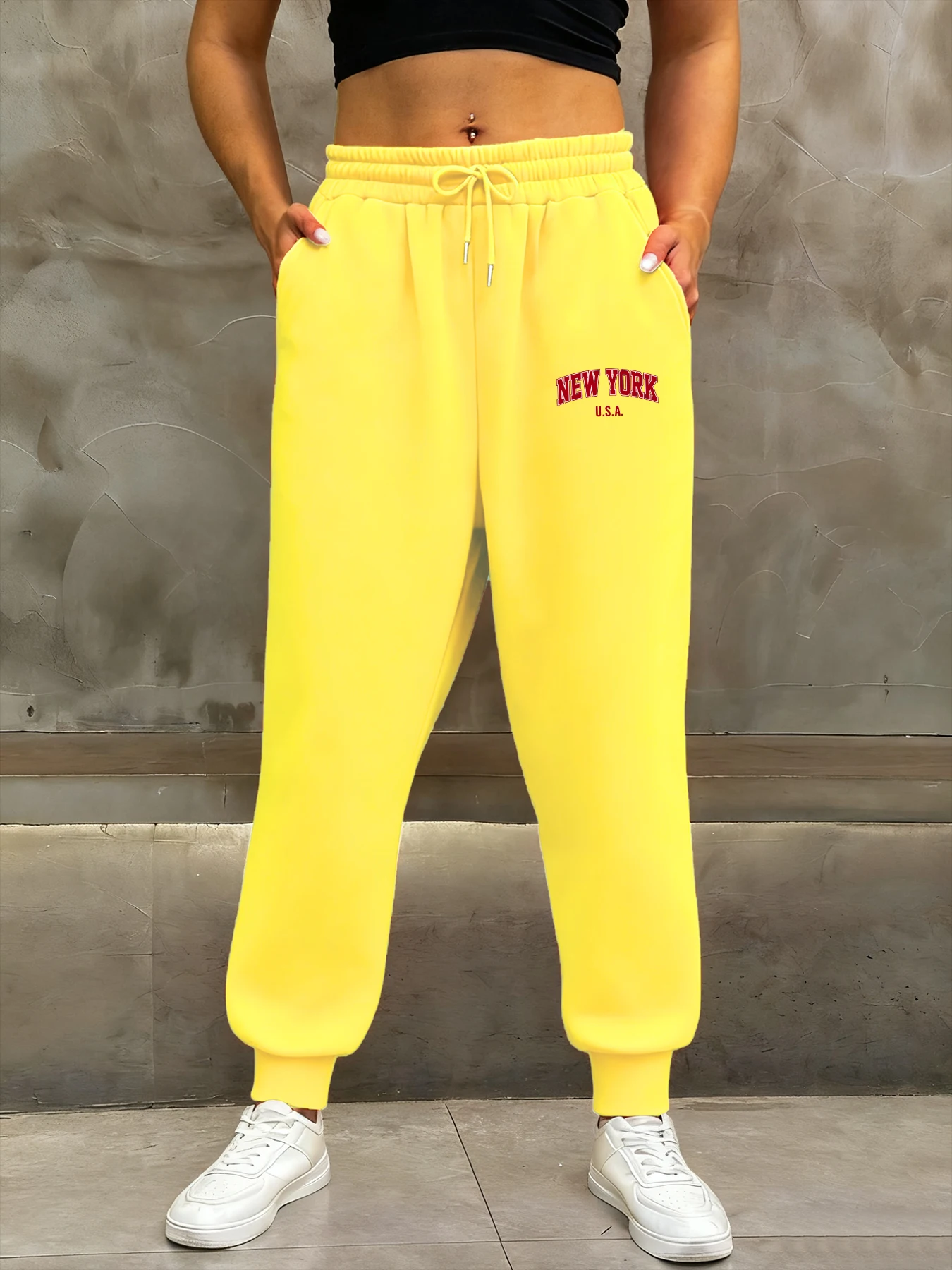 뉴욕 미국 프린트 여성 가을 기본 스포츠 팬츠 플리스 패션 스웨트팬츠 캐주얼 스트리트 바지 포켓 조깅 롱 팬츠