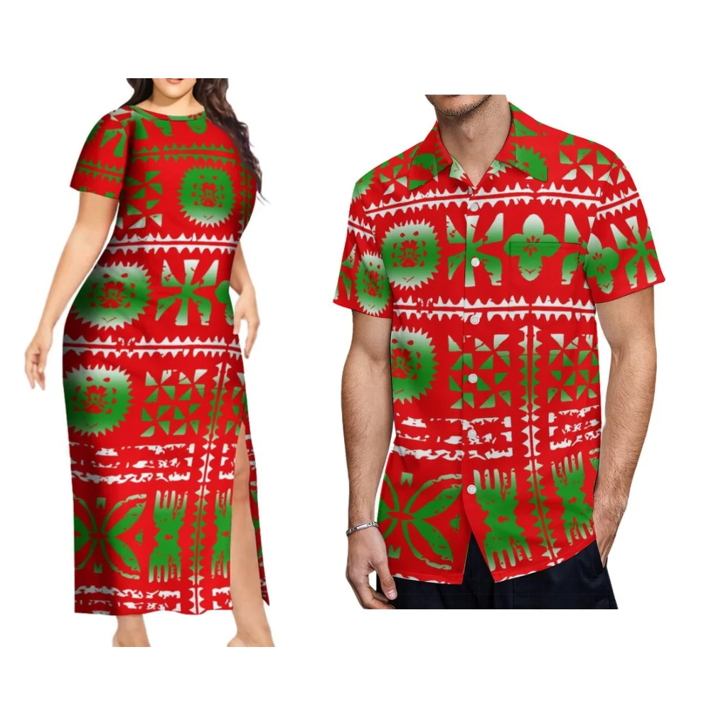 Hawaiian Beach Party Dress Samoa Polynesian Islands Elegant Slim-Fit Maxi Polynesian Dress With Couple Suits And Men'S Shirts