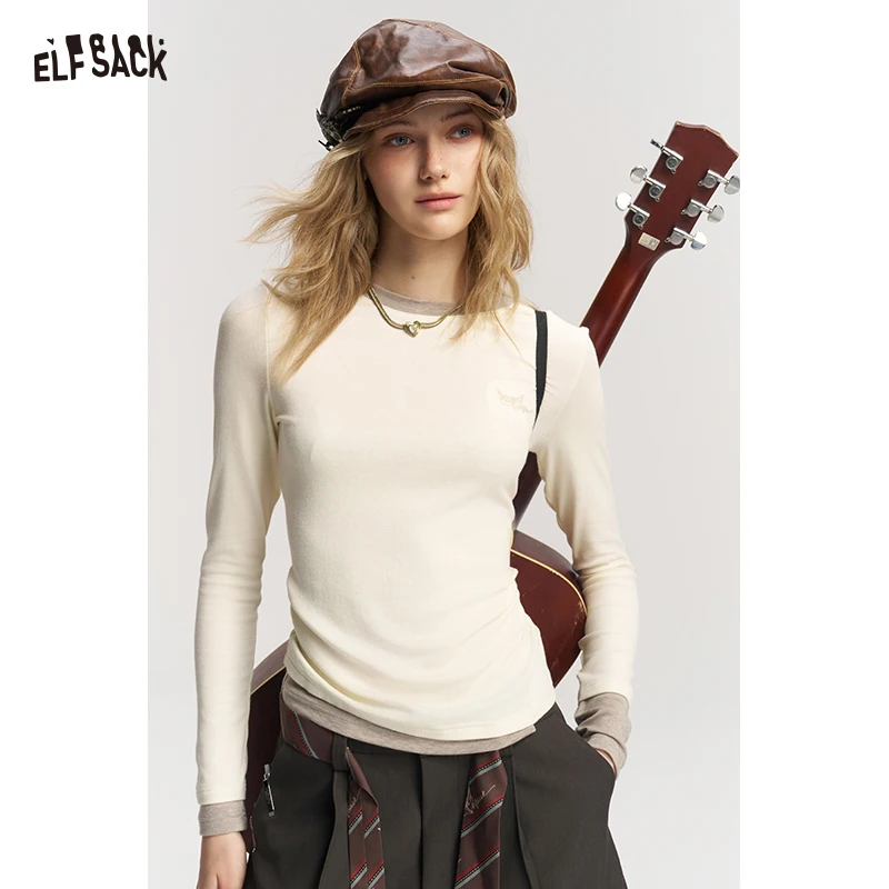 ELFSACK Women's Patchwork T-Shirt with Fox Embroidery, Asymmetric Hem and Cuffs Casual Tee for Everyday, Regular Fit Top