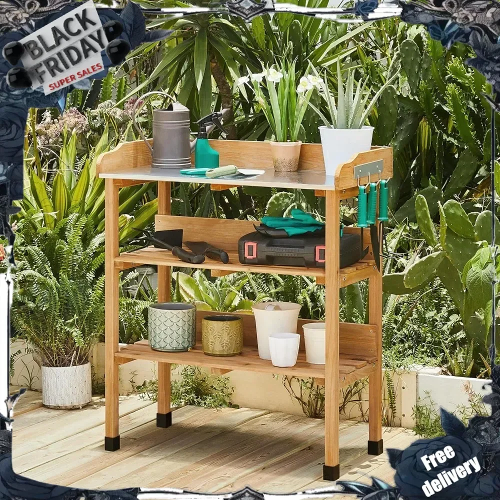 Outdoor Garden Potting Bench Table Wooden Horticulture Planting Worstation w/Metal Tabletop/Storage Shelf/3 Hooks