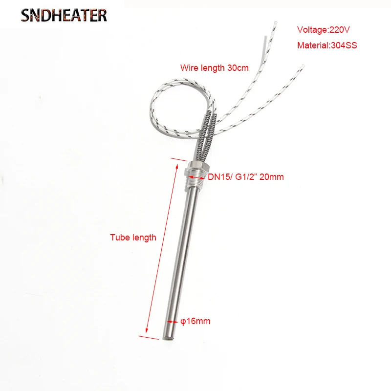 SNDHEATER 220V Threaded Cartridge Heating Element DN15/DN20/DN25 Electric Heater Rod 250/500/1000/1500w304SS for Water Tank 1pc