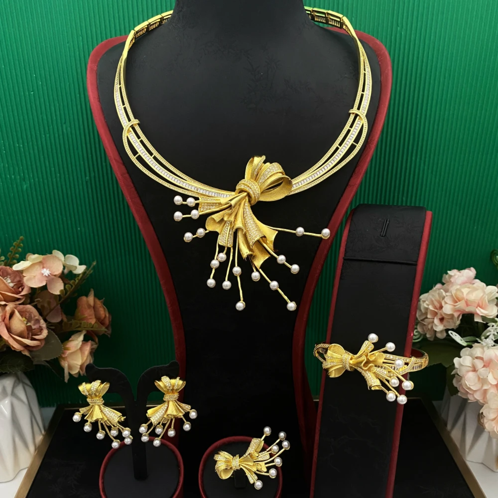 

Falair Dubai Bridal Zircon Bows of Pearls Jewelry Set Gold-Plated Copper Women's Bracelet Ring Necklace Earrings Luxury Wedding