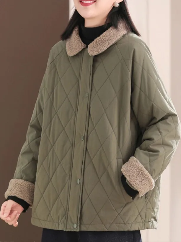 عارضة Sle تقسم فرو الضأن Jaet فضفاضة تناسب القطن اصطف الشتاء ملابس خارجية تأثير التخسيس الماس نمط معطف المرأة