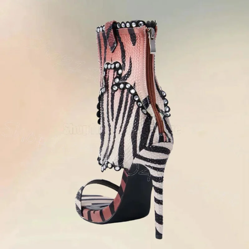 Zebra Print Rhinestone Decor Sandals Boots Back Zipper Women Shoes Thin High Heels Open Toe Novel Party 2025 Zapatos Para Mujere